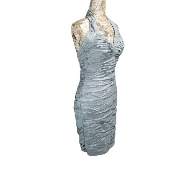 Formal Cocktail Dress Shiny Light Metallic Blue Halter Gathered Tight Bodycon - Picture 6 of 11
